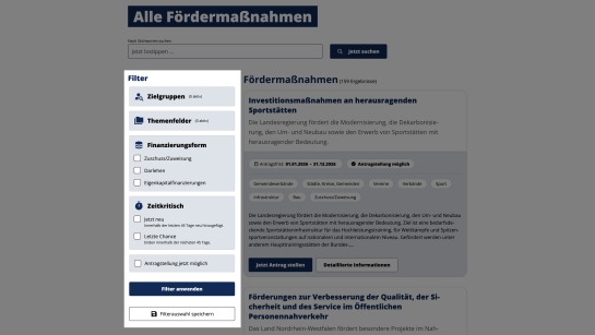 Ein Bild des User Interface mit markierten Filtern