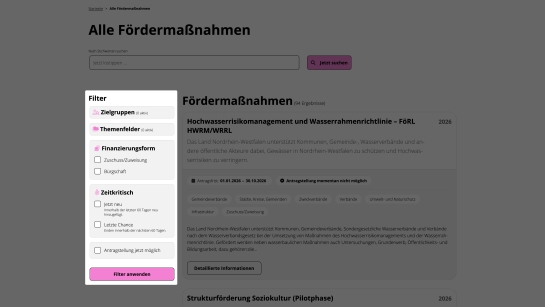 Ein Bild des User Interface mit markierten Filtern